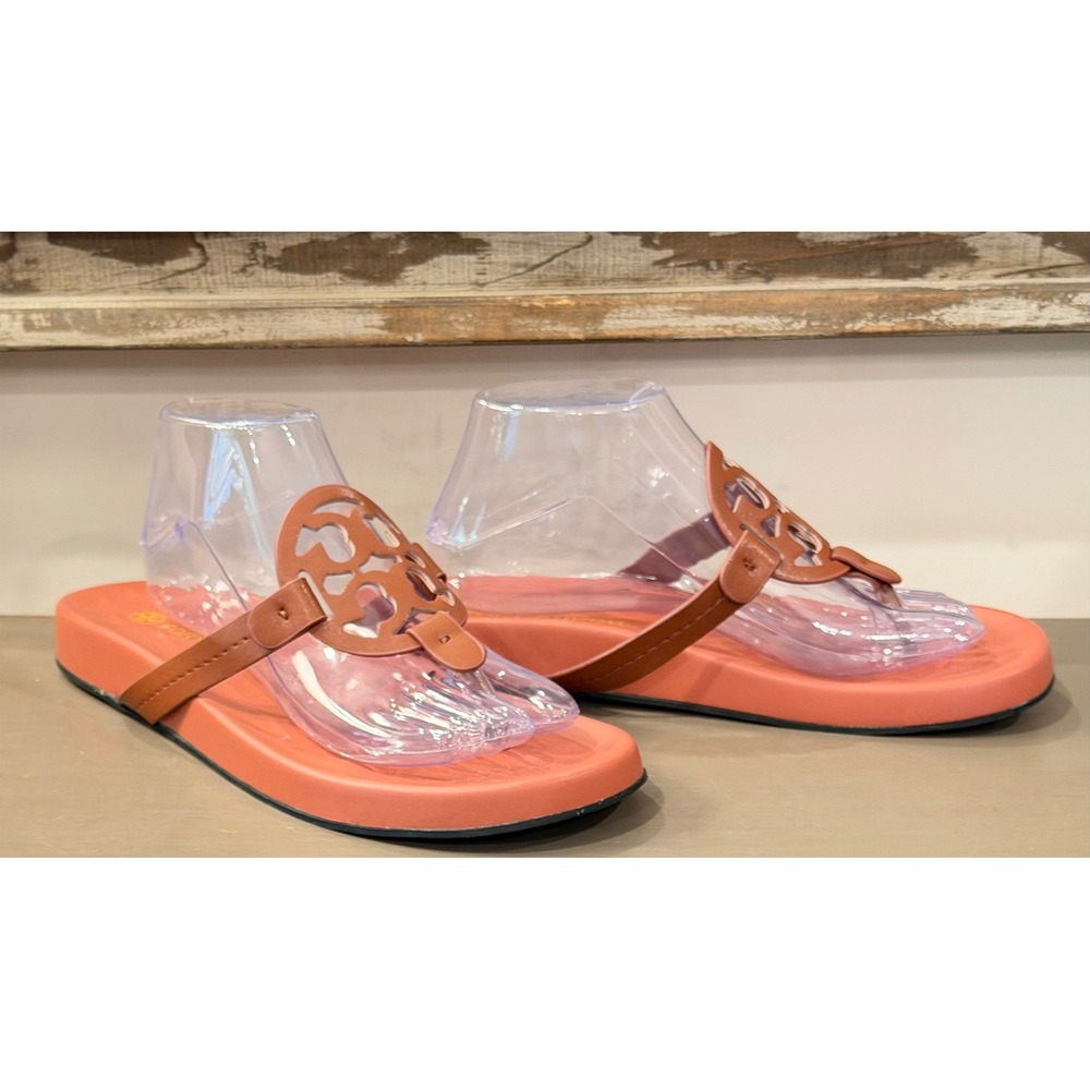 Tory Burch Miller Cloud Coral Tan Leather Logo Thong Platform Sandals Size 43 - Picture 2 of 6